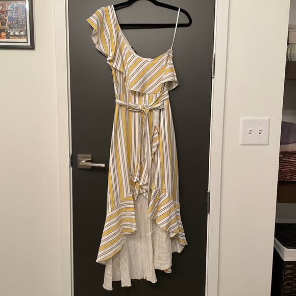 Lulus high tide yellow striped one shoulder midi dress - Picture 4 of 6